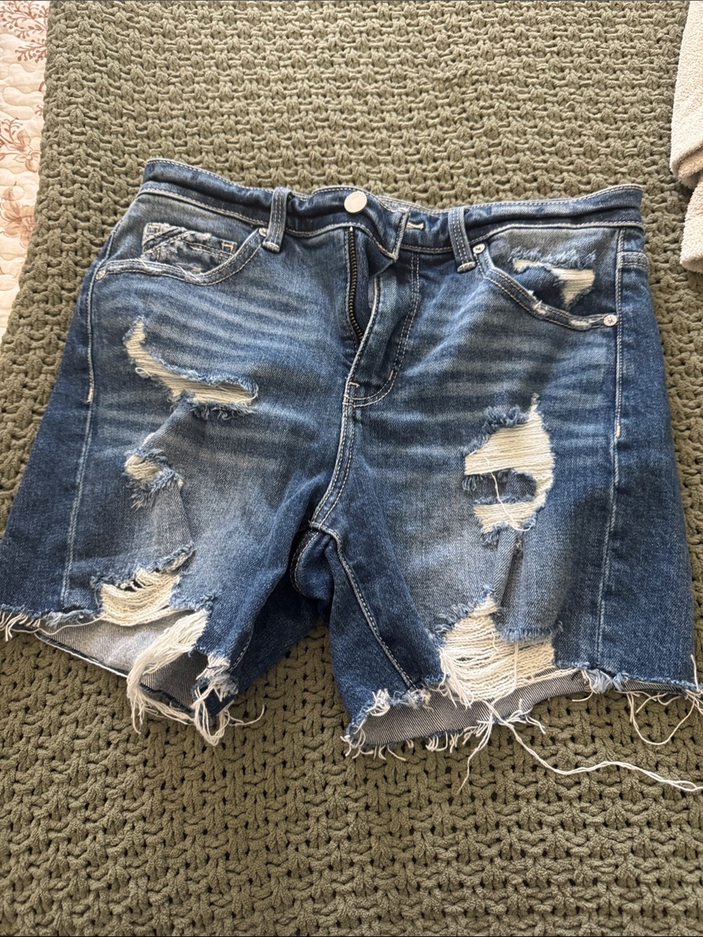 Buckle Distressed Denim Shorts - Blue